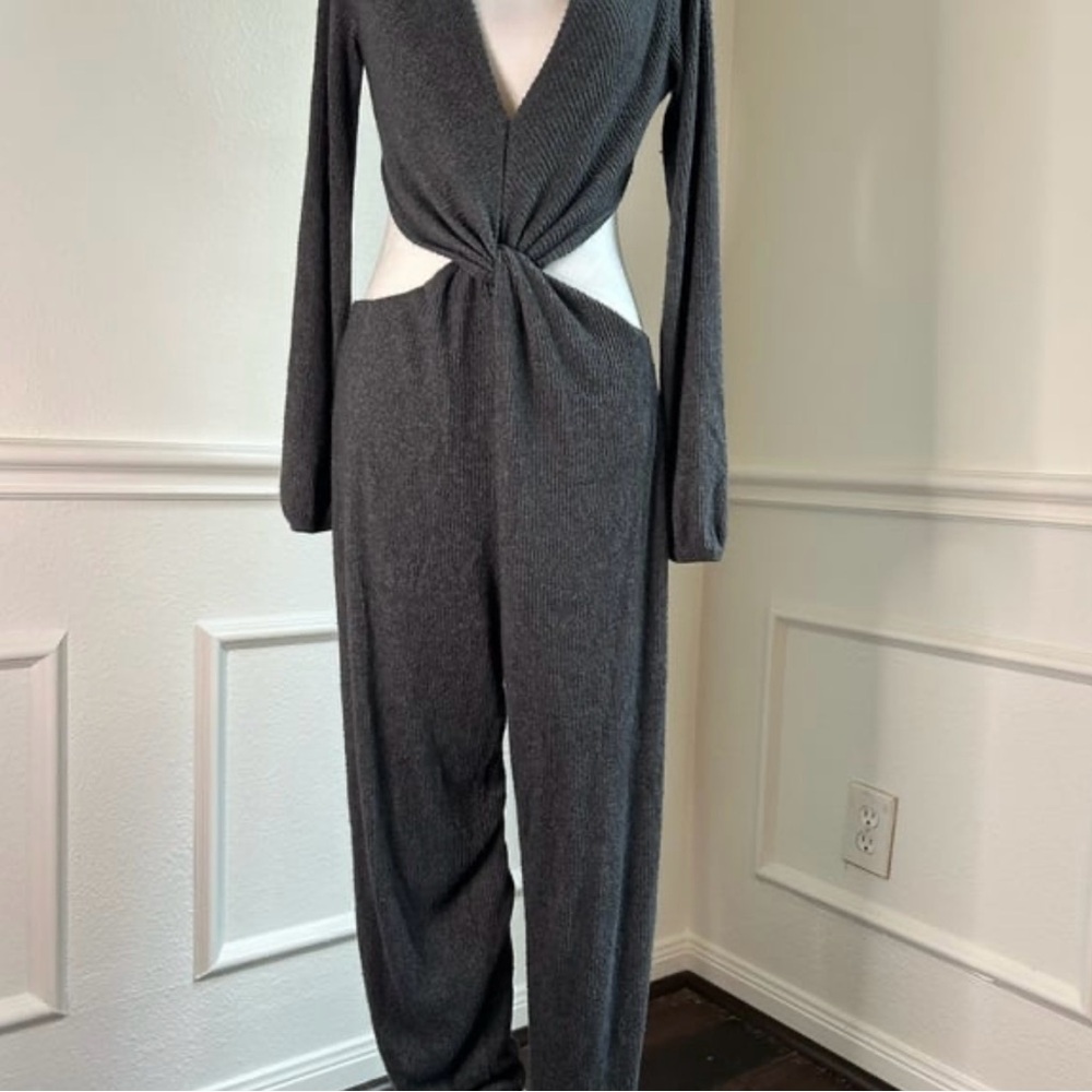 Lulu's Gray Twist-Front Jumpsuit